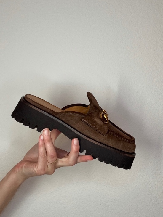 Gucci Shoes - Gucci Brown Suede Lug Sole Mule Loafers with Gold Bit